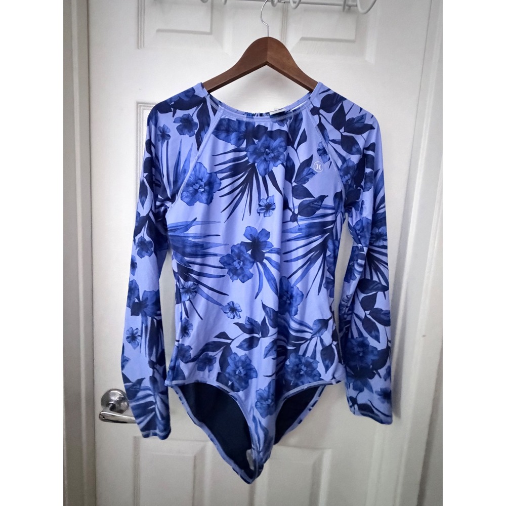 Hurley Womens XXL Blue Tropical Floral Long Sleeve Rash Guard One Piece Swimsuit
